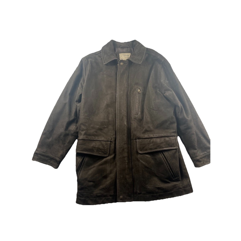 LL Bean Mens Brown Cowhide Leather Insulated‎ Full Zip Coat Jacket Lined Medium